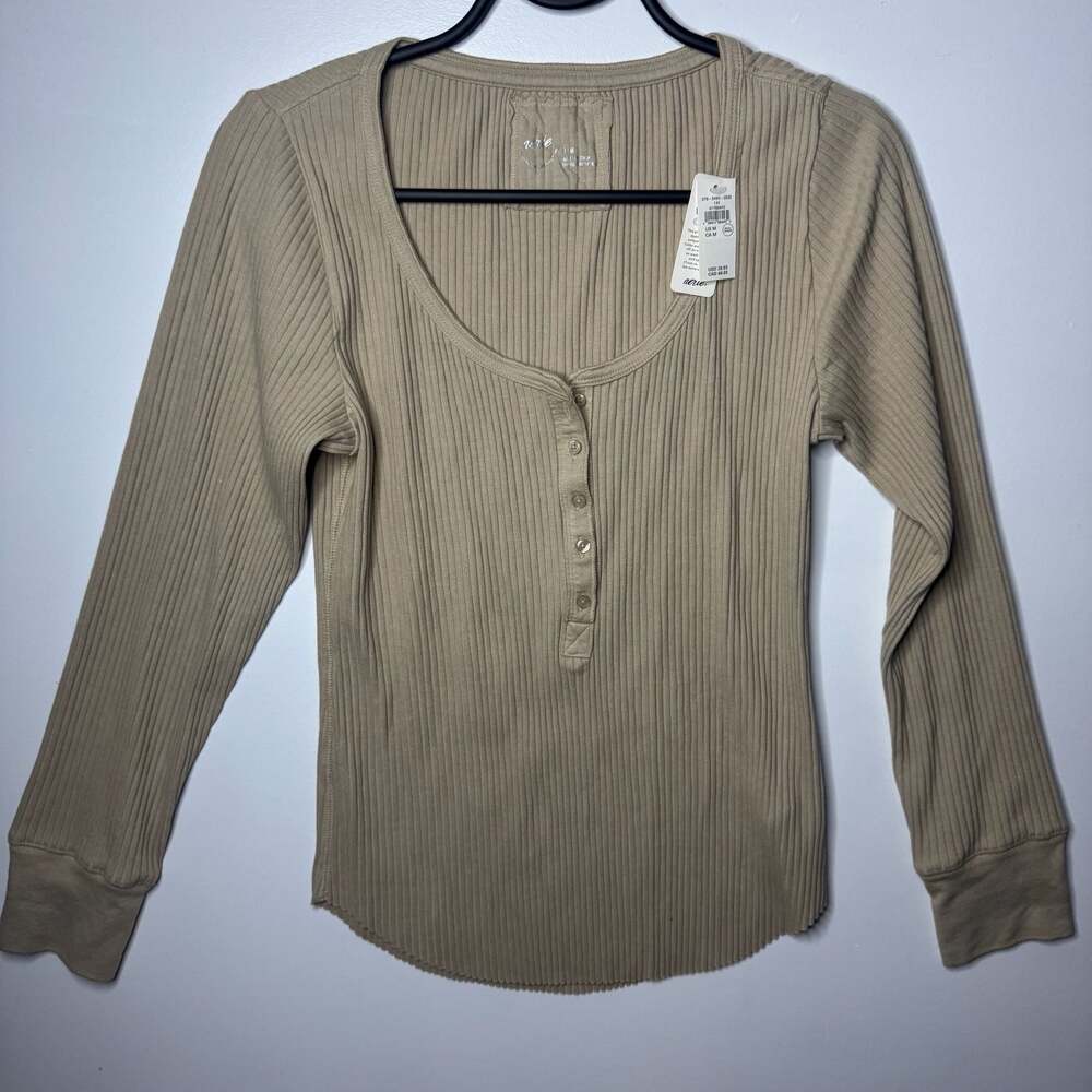 Aerie Essential Henley Medium Long Sleeve Ribbed Layering Top NWT - Picture 2 of 15